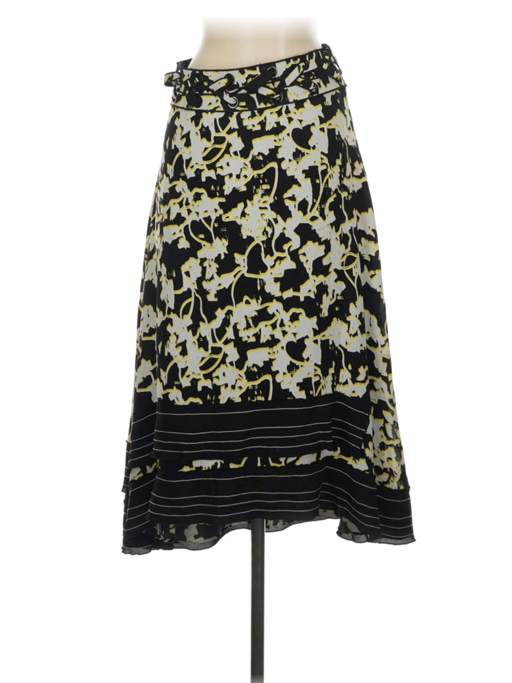100% silk Proenza Schoiler Black & White Floral A-Line Skirt w/ Yellow Accents.